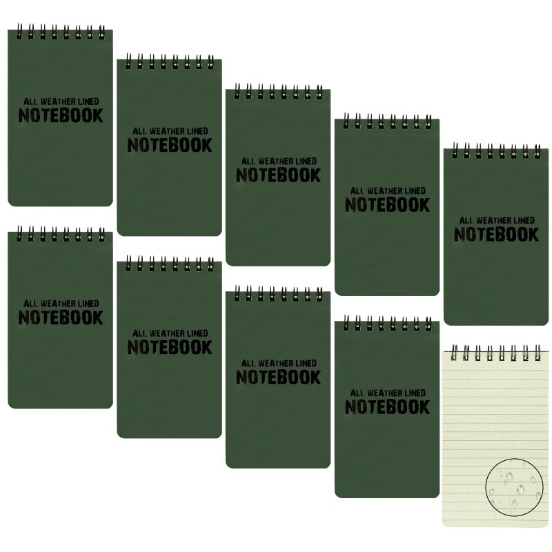 CUGBO 10 Pack Waterproof Notebook, All-Weather Pocket Sized Tactical Notepad, Top Spiral Memo Grid Paper Notepad for Outdoor Activities Recording(Army Green, 3"x5") - Image 1
